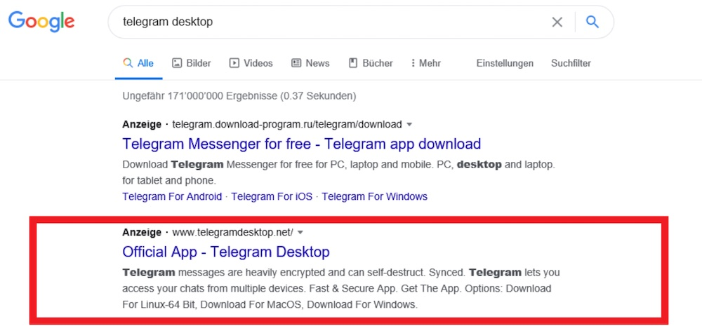 这是Kirschner对Telegram谷歌恶意软件的广告截图，该广告在搜索结果中排名第二。