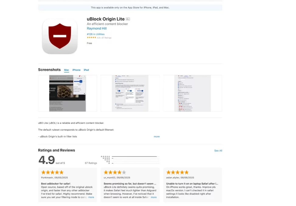 uBlock Origin Lite 上架 App Store